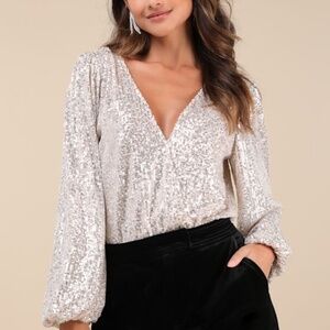 Lulus Evening Of Wonder Champagne Sequin Long Sleeve Bodysuit Beige - Size L